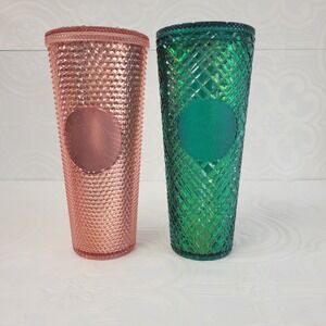 Starbucks Emerald Green Rose Gold Jeweled Studded 24oz Holiday Tumbler Cold Cup